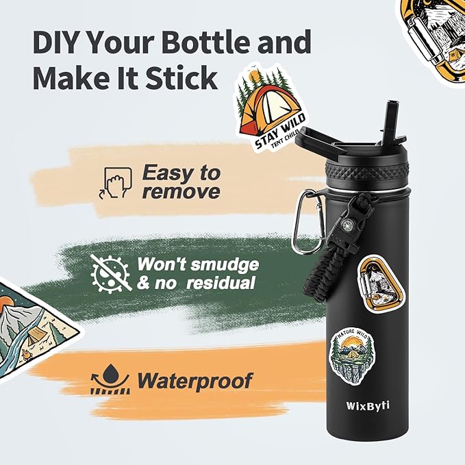 20 oz Insulated Water Bottle with Straw (Cold for 48 Hrs), Stainless Steel Triple Wall Vacuum Sports Water Jug, Leakproof Hydro Cup Flask with Paracord Handle & Straw Spout Lids & DIY Stickers
