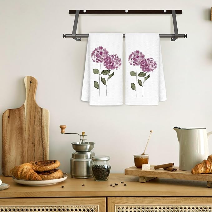 Purple Hydrangea Flowers Floral Kitchen Towels Set of 2, Hydrangea Decorative Hand Towels for Bathroom, Purple Hydrangea Decor Dish Towels for Kitchen, Purple Towels, Hydrangea Gifts, 16x24 in