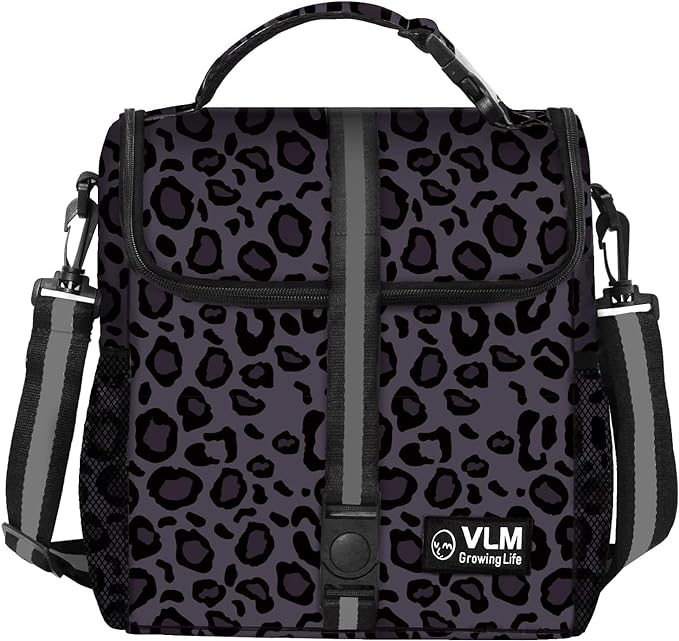 VLM Lunch Bags for Women,Leakproof Insulated Floral Lunch Box with Adjustable Shoulder Strap Reusable Zipper Cooler Tote Bag for Work,Picnic,Camping Leopard-Purple