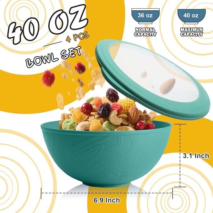 40 OZ Wheat Straw Bowls with Lids Set, 4 PCS Unbreakable Salad Bowls with Lid, Alternative Plastic Food Containers with Lids for Lunch, Microwave & Dishwasher Safe Kitchen Bowl Set, Green