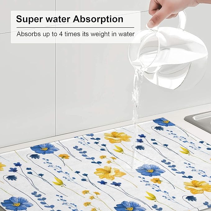 Watercolor Floral Decorative Microfiber Dish Drying Mat for Kitchen Counter 18"x24" Navy Blue Yellow Flower Dishes Pad Dish Drainer Rack Mats Absorbent Washable Reusable