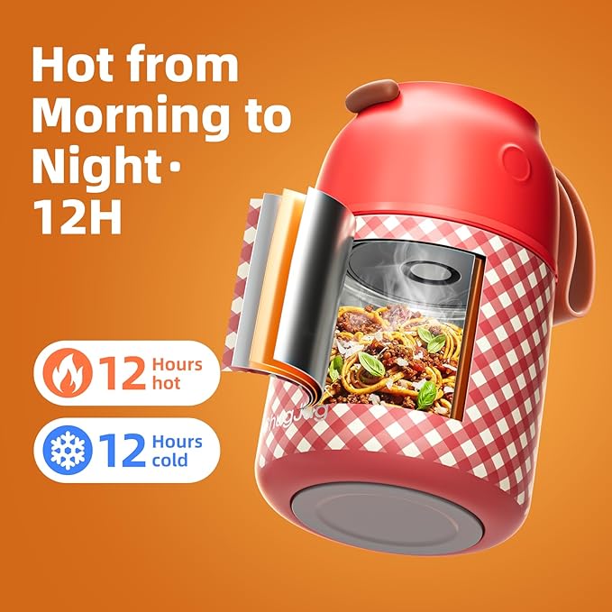 Thermo for Hot Food for Adults Kids | Wide Mouth, 18 oz Insulated Food Jar with Spoon, Leakproof Soup Thermo for School Office Travel, Thermal Steel Lunch Container Easy to Carry (Red)