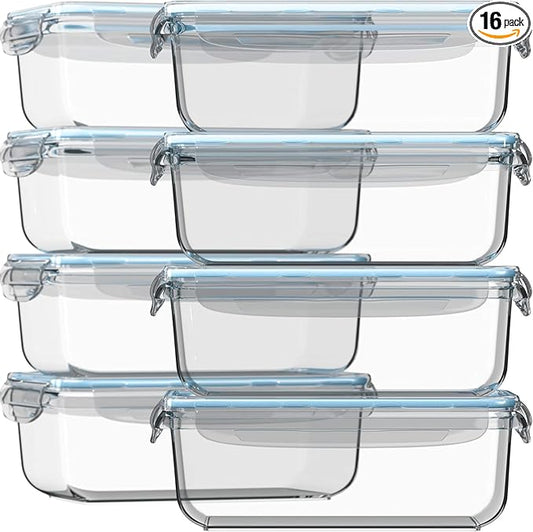 Razab 16 Pc (Set of 8) 30 Oz Glass Meal Prep Containers with Lids, Airtight Large Glass Food Storage Containers, Reusable Leak Proof BPA Free, Freezer to Oven and Dishwasher Safe