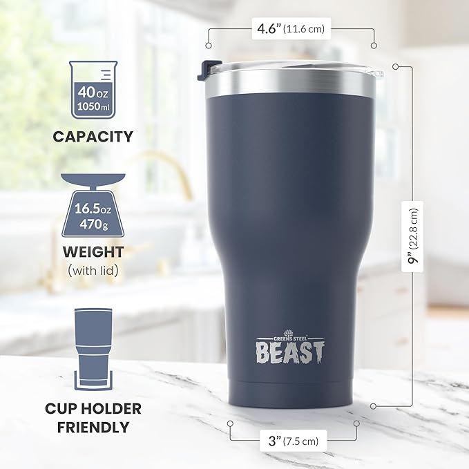 Beast 40 oz Tumbler Stainless Steel Vacuum Insulated Coffee Ice Cup Double Wall Travel Flask (Navy Blue)