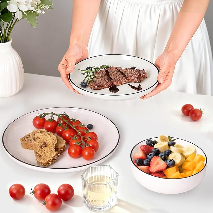 Plates and Bowls Sets for 4,12 Pieces Ceramic Dish set, White Dinnerware Set for Kitchen, Modern Design Plate Sets with Black Rim, Microwave and Dishwasher Safe
