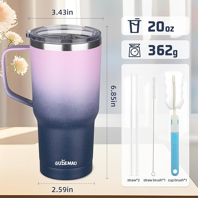 20 oz Insulated Coffee Mug with Ceramic Coating, Stainless Steel Travel Mug Tumbler with Handle Lid and Straw, Double Wall Leak-Proof Coffee Travel Mug Keeps Drink Hot and Cold (Purple blue)