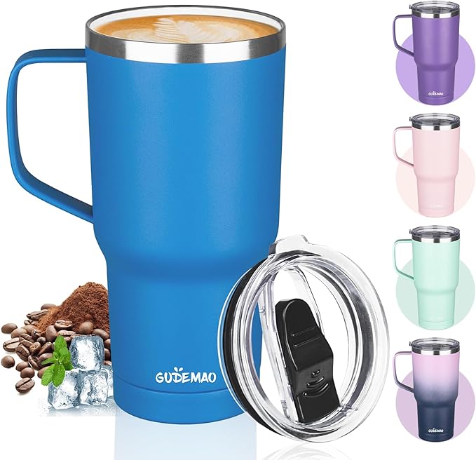 20 oz Insulated Coffee Mug with Ceramic Coating, Stainless Steel Travel Mug Tumbler with Handle Lid and Straw, Double Wall Leak-Proof Coffee Travel Mug Keeps Drink Hot and Cold (Blue)