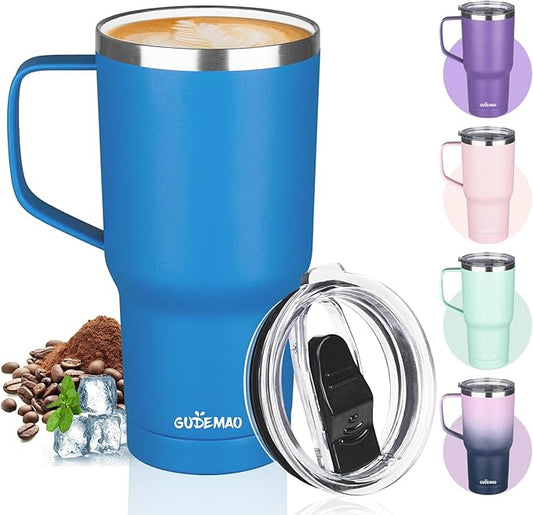 20 oz Insulated Coffee Mug with Ceramic Coating, Stainless Steel Travel Mug Tumbler with Handle Lid and Straw, Double Wall Leak-Proof Coffee Travel Mug Keeps Drink Hot and Cold (Blue)