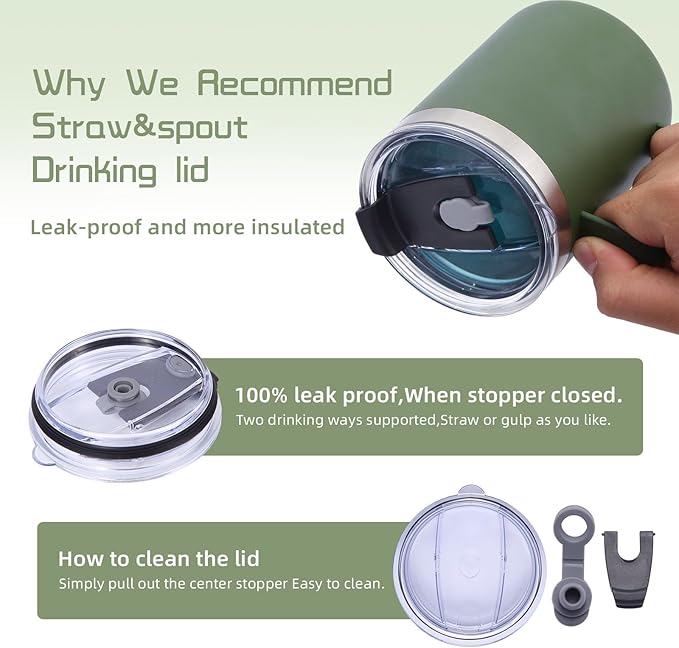 Volhoply 12oz Insulated Leakproof Coffee Mug with Flip & Straw Lid Bulk 4 Pack,Double Wall Vacuum Stainless Steel Travel Tumbler Cup with Handle,Camping Mugs Keep Cold/Hot(Army Green,4 Set)