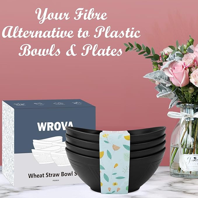 Wrova 65oz Large Salad Bowls Black - Wheat Straw Salad bowls Set of 4 - Unbreakable Salad Bowls Dishware & Microwave Safe - BPA Free Bowls for kitchen,camping