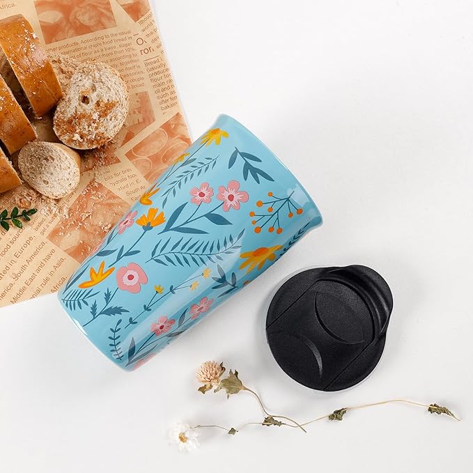 ANTIS'S HOME Ceramic Travel Coffee Mug, Double Wall Blue Floral Tumbler 9.6oz, Microwave & Dishwasher Safe, Splash-Resistant, Reusable Coffee & Tea Cup