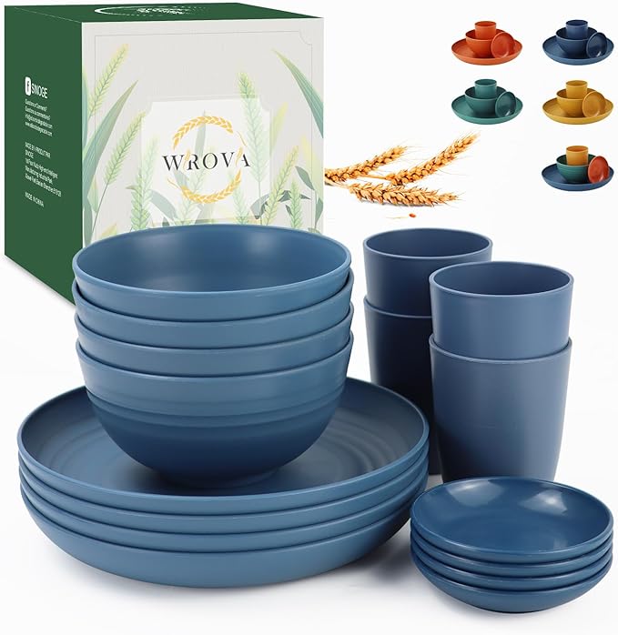 Wrova Wheat straw plates and bowls sets of 16 - Unbreakable wheat straw dinnerware sets for camping - Alternative plastic dinnerware set service for 4 - Microwave safe and Dishwasher safe bowls. Blue