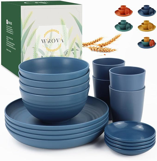 Wrova Wheat straw plates and bowls sets of 16 - Unbreakable wheat straw dinnerware sets for camping - Alternative plastic dinnerware set service for 4 - Microwave safe and Dishwasher safe bowls. Blue