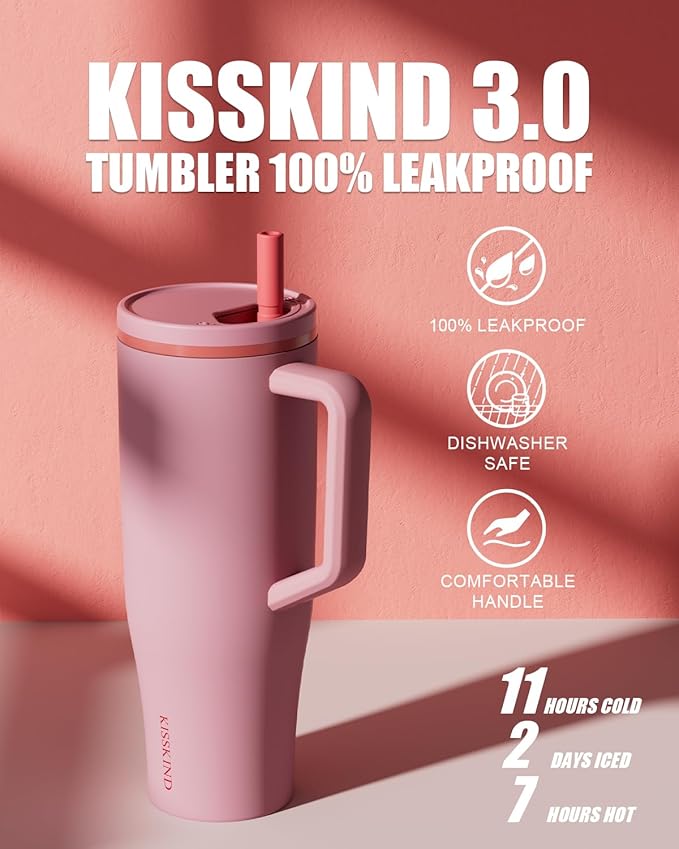 KISSKIND 40 oz Tumbler with Handle and Straw | Lumi Spin Hidden Straw 100% Leakproof Insulated Tumbler | Stainless Steel Water Bottle for Mom, Nurse, Teacher | Pink
