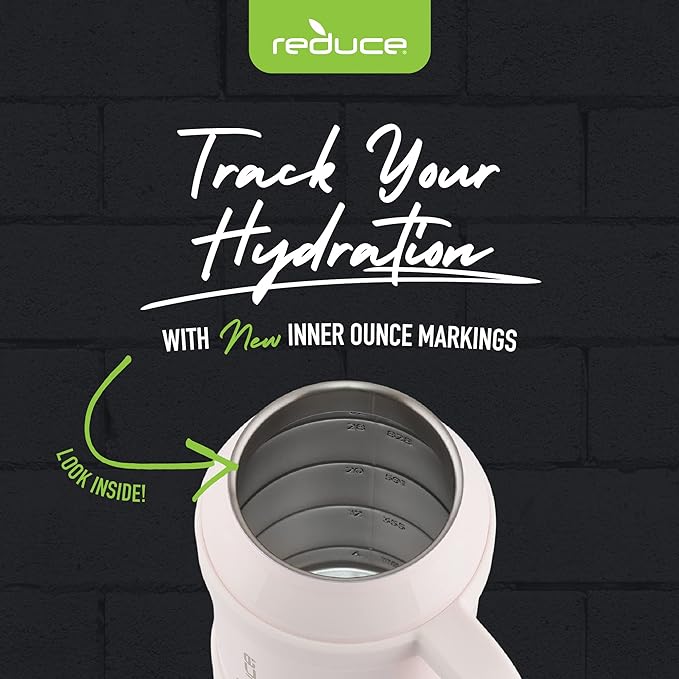 REDUCE Reusable 32 oz Cold1 Water Tumbler – Ergonomic Handle – Double-Wall Insulation – Sturdy Desktop/Tabletop Mug with Lid and Straw – BPA-Free – Stainless Steel for Gym, Home, or Office– Cotton