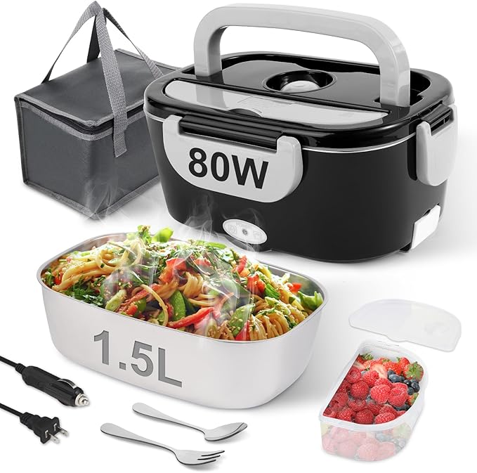 80W Electric Lunch Box for Adults, 1.5L Stainless Steel Food Warmer Lunchbox, 12V/24V/110V Portable Heated Lunch Box for Car/Truck/Office, Leak-Proof, Dishwasher-Safe with Fork & Spoon (Black)