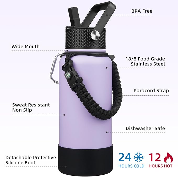 BJPKPK 32oz Insulated Water Bottles with 3 Lids, Paracord Handle & Non-slip Boot, Stainless Steel Metal Water Bottle,Reusable BPA Free Thermo, Tumblers, Lavender