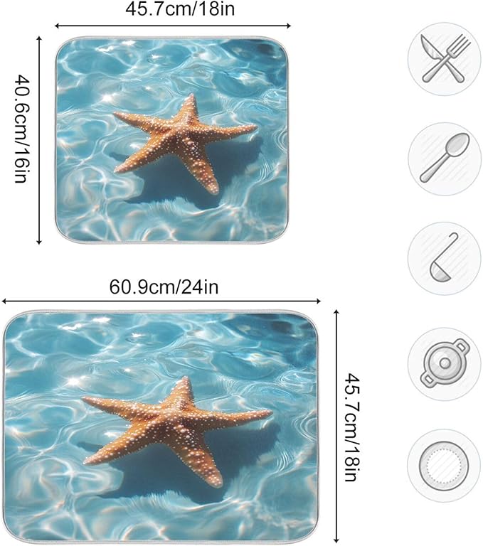 Starfish Floating Dish Drying Mat for Kitchen Counter Super Absorbent Dishes Pad Reversible Microfiber Protector Dish Draining Mats 18x24 inch