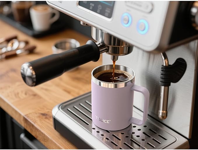 TILUCK 12 oz Insulated Coffee Mug with Lid, Leak-Proof Stainless Steel Travel Mug Cup with Handle for Hot or Cold Drinks(LightPurple, 12oz)
