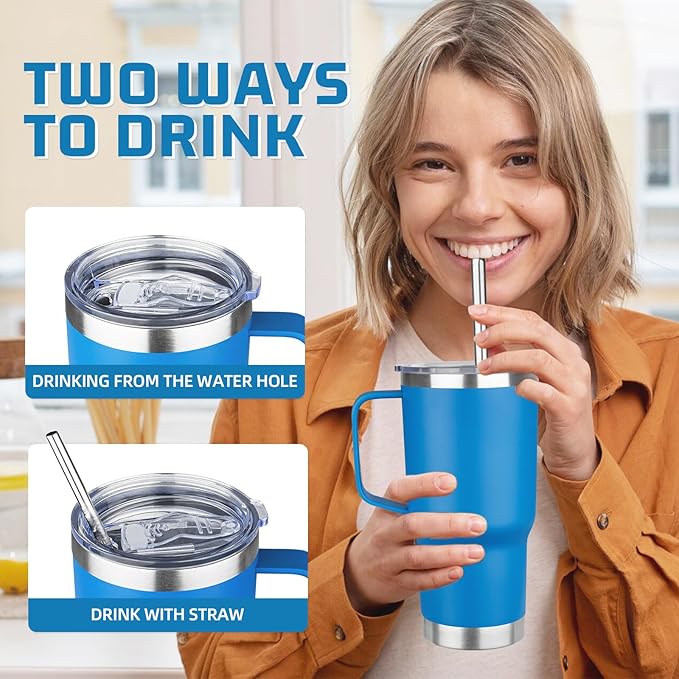 20 oz Tumbler with Handle Stainless Steel Insulated Coffee Mug Tumbler with Lid and Straw Double Wall Vacuum Insulated Coffee Mug Leak Proof Travel Mug Tumbler for Hot and Cold Drink (Sea Blue,4pack)