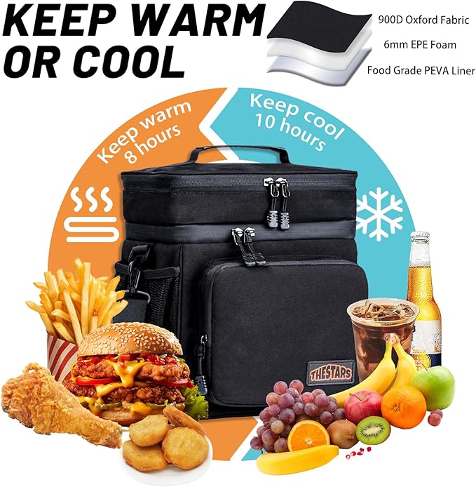 THESTARS Mens Lunchbox for Work, Thermal Insulated Double Deck Lunch Bag, Large Lunch Box Leak Resistant with Premium 900D Heavy-Duty and Durable Waterproof Oxford Fabric for Work (16L)