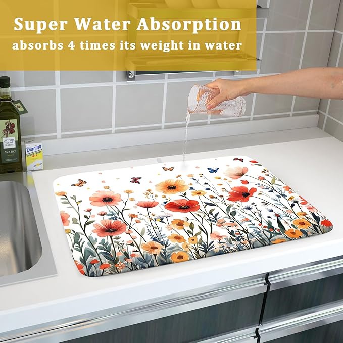 Poppy Flower Dish Drying Mat 18x24 Inch Floral Leaves Dish Drainer Protector Pad Washable Reversible Drying Pad for Kitchen Counter Sink