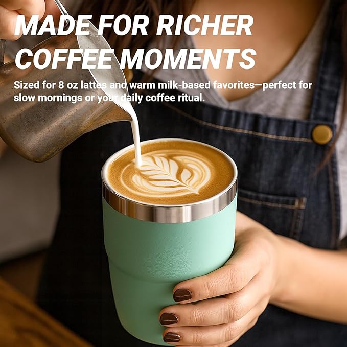 8 oz Espresso/Coffee Cup with Magnetic Lid, Ceramic-Lined 18/8 Stainless Steel, Double-Wall Vacuum Insulated, Stackable, Dishwasher Safe, Mini Tumbler for On-the-Go (Seafoam, 2 Pack)