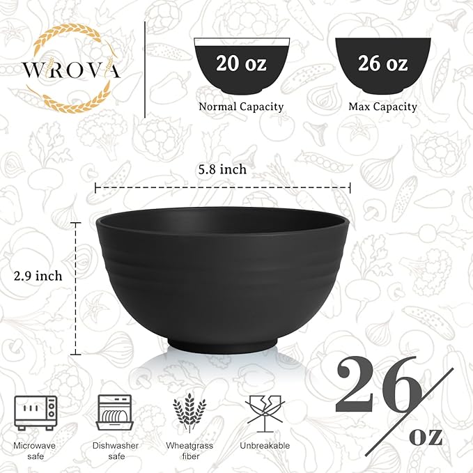 Wrova Wheat Straw Camping Bowls Sets of 6,Unbreakable 26oz Lightweight Bowls Sets for Outdoors Activity,Breakfast Bowls for Cereal and Salad.Black Series