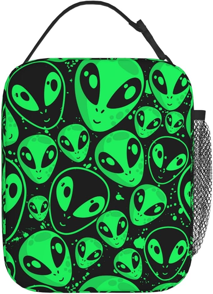 Alien Dress Green Aliens Face Insulated Lunch Box For Women Man, Portable Lunch Bag Reusable Cooler Tote For Office Work Travel Picnic Camping Beach