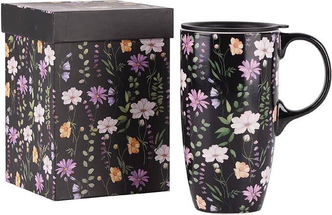 Topadorn Ceramic Travel Mug Coffee Cups with Spill-Proof Lid, Latte Mugs for Home and Office with Gift Box, Holiday Gift Her Him, Black