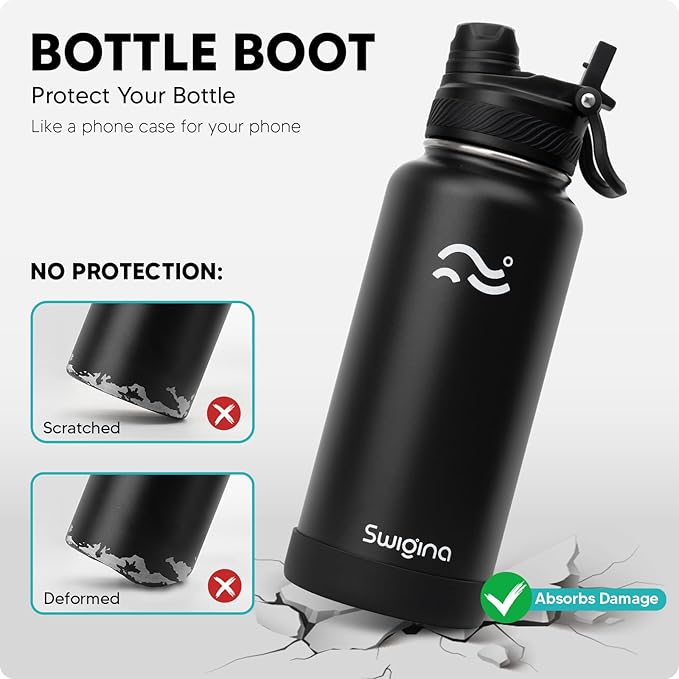 [2-IN-1 LID] Insulated Water Bottle with Silicone Boot (36hrs Cold/18hrs Hot) - DIY Stickers, Leakproof, BPA Free, 32 oz