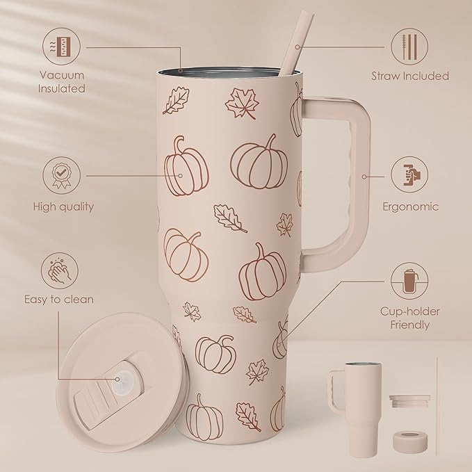 Pumpkin Tumbler with Handle and Straw 40oz – Stainless Sleel Slider Tumbler Travel Coffee Mug for Women - Gift Idea for Fall Autumn Halloween
