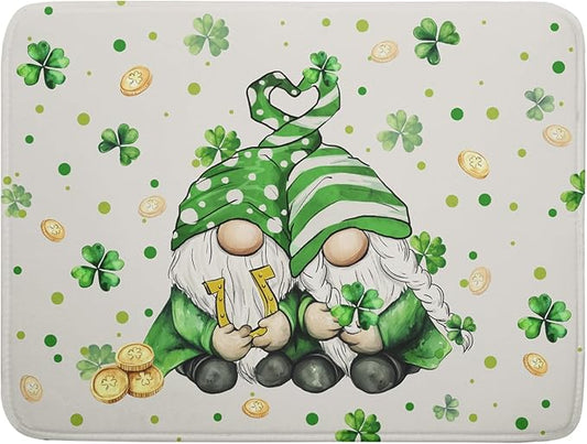 St Patrick's Day Gnome Dish Drying Mat 18x24 inch Lucky Shamrock Absorbent Reversible Dishes Drainer Rack Mat for Coffee Bar Kitchen Decor