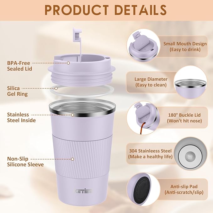 KETIEE Travel Mug 12oz: Insulated Coffee Mug with Leakproof Lid, Travel Coffee Mug Vacuum Stainless Steel Double Walled Reusable Coffee Cup for Hot and Iced Coffee Tea Water (Purple)
