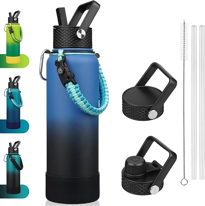 BJPKPK Insulated Water Bottle with Straw Lid, 40oz Large Thermo with 3 Lids, Paracord Handle & Non-slip Boot, BPA Free Leak Proof Stainless Steel Metal Water Bottles, Tumblers, Cups,Blue Black