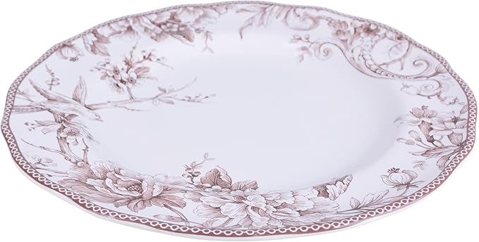 222 Fifth Adelaide Brown on White 12-Piece Dinnerware Set – Service for 4, Plate & Bowl Set,Durable Porcelain, Dishwasher Safe, for Everyday Dining & Entertainment