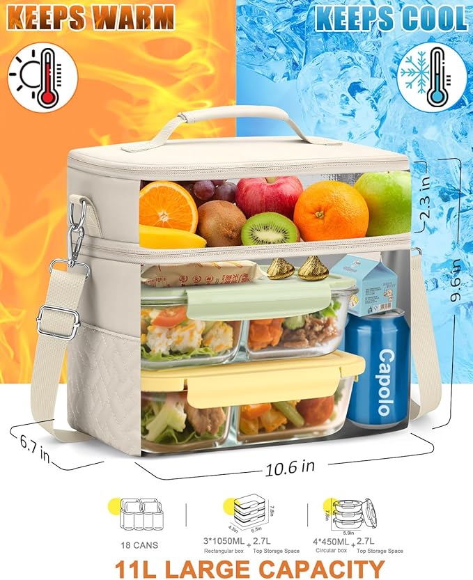 Capolo Lunch Box for Women Men Adults,Double Deck Insulated Lunch Bag Leakproof Lunch Cooler Box with Removable Strap Lunch Tote Bags Reusable Thermal Lunchbox for School Work Picnic(Large,Beige)