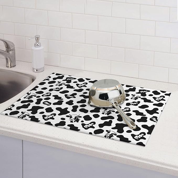 Black White Dish Drying Mat for Kitchen Counter 18"x24" Cow Print Dishes Pad Dish Drainer Rack Mats Microfiber Washable Absorbent Kitchen Decor