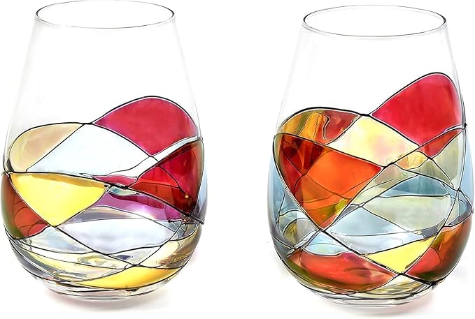 Stemless Wine Glasses – Hand‑Painted Set of 2 Unique Wine Gift for Wedding, Anniversary, Housewarming & Christmas • Sagrada Familia Style • Ideal for Women & Men