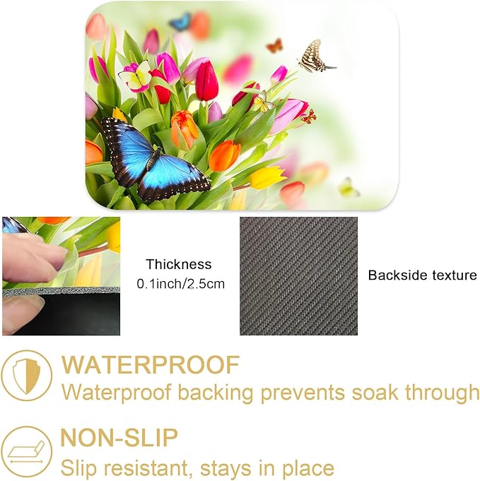 Tulips Butterflies Dish Drying Mats for Kitchen Counter Absorbent Fast Dry Dish Drainer Rack Mats for Dishes Utensils Pot and Pan, Kitchen Accessories 24"x16"