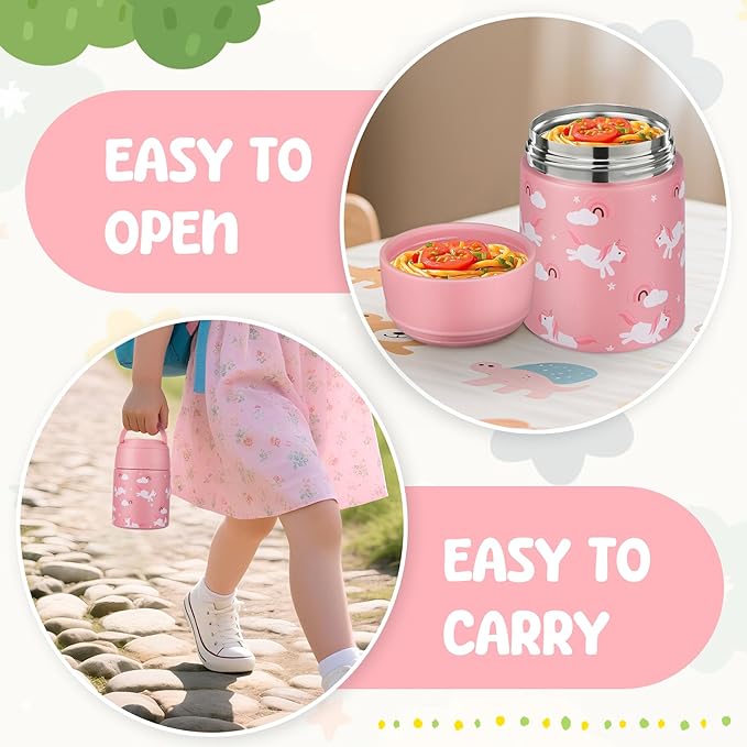 10oz Soup Thermo for Hot Food Kids Insulated Food Jar with Spoon Wide Mouth Stainless Steel Lunch Container Leak Proof Vacuum Food Box for School Travel Picnic Pink Unicorn