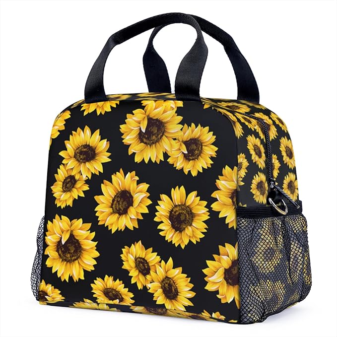 Sunflower Black Background Lunch Bag for Women Men Cute Large Capacity Thermal Lunch Tote Reusable Washable with Adjustable Shoulder Strap and Dual Large Mesh Side Pockets