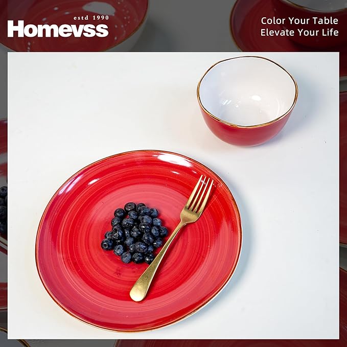 Highland 16-Piece Dinnerware Set Service for 4, Organic Shape Stoneware Plates and Bowls Set, Scratch Resistant, Microwave and Dishwasher Safe, Speckled Effect Handcrafted, Swirl Red