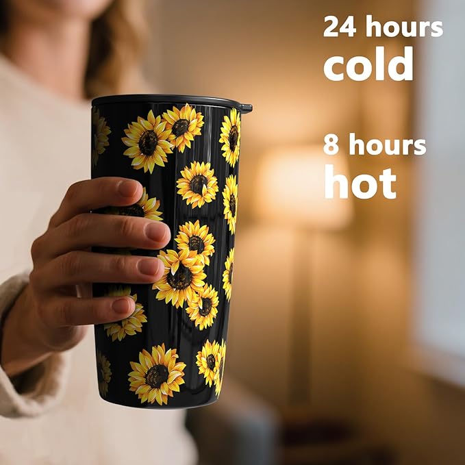 TILUCK 20 oz Tumbler with Leak-Proof Lid, Vacuum Insulated Stainless Steel Coffee Mug, Double-Walled Travel Tumbler for Hot and Cold Drinks(SunFlower, 20oz)