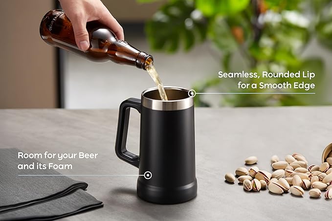 KooK Beer Stein, Stainless Steel Coffee Mug, Tumbler with Thermal Vacuum Insulation, Big Grip, Adventure, Double Walled Drinking Cup, Large Handle, Shatterproof, Black, 24 oz