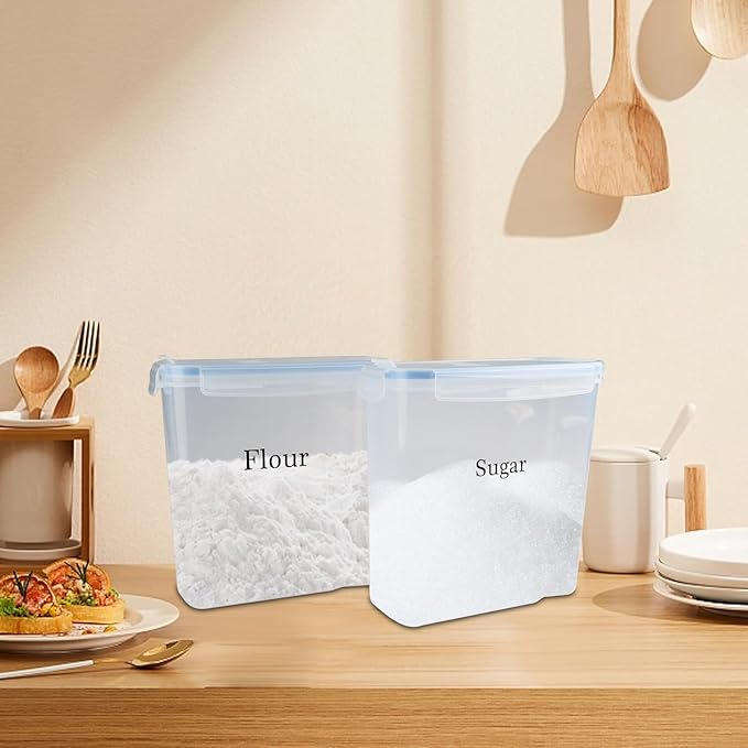 Sugar and Flour Canister 2 Set,Airtight Food Storage Containers with Secure Flap,Clear Plastic Kitchen Pantry Storages Organization,Canisters for Flour and Sugar,Rice,Cereal Storage Container