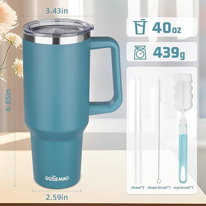 40 oz Insulated Coffee Mug with Ceramic Coating, Stainless Steel Travel Coffee Tumbler with Handle Lid and Straw, Double Wall Leak-Proof Coffee Travel Mug Keeps Drink Hot and Cold (Lake Green)