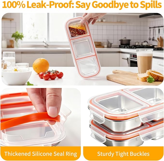 3 Pack 304 Stainless Steel Snack Containers, Reusable Leek Proof Metal Lunch Box with 3 Compartment, Food Storage Containers for Home, Work, Travel
