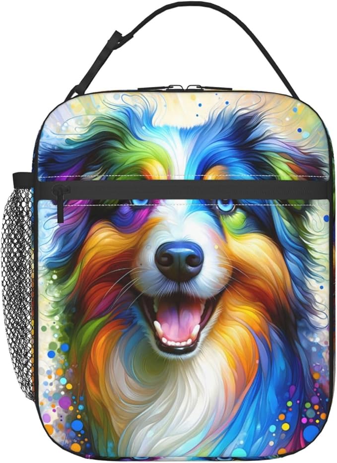 Reusable Dog Lunch Box for Kids Girls Boys Women Adult, Insulated Australian Shepherd Lunch Bag,Polyester Cooler Handbags Case for School Picnic Work Travel Beach or Hiking (Colorful)