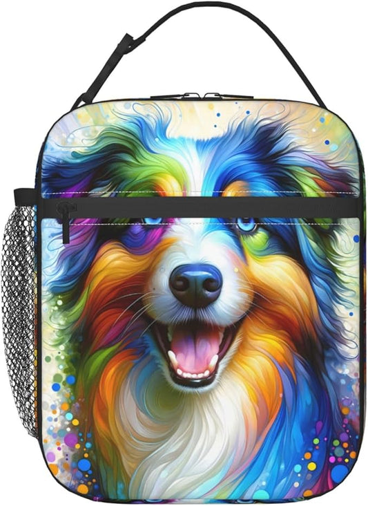 Reusable Dog Lunch Box for Kids Girls Boys Women Adult, Insulated Australian Shepherd Lunch Bag,Polyester Cooler Handbags Case for School Picnic Work Travel Beach or Hiking (Colorful)